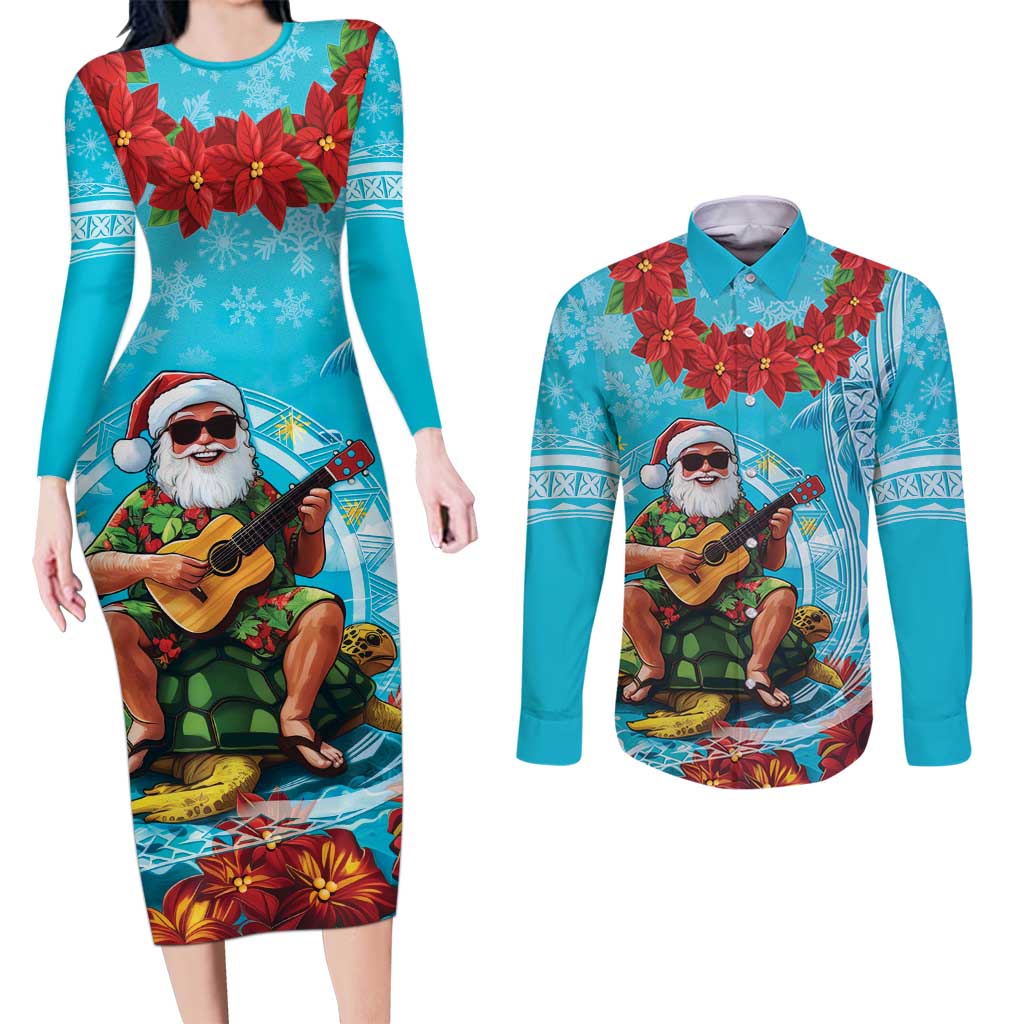 Hawaii Christmas Couples Matching Long Sleeve Bodycon Dress and Long Sleeve Button Shirt Mele Kalikimaka Poinsettia Lei Polynesian - Blue LT14 Blue - Polynesian Pride