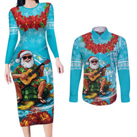 Hawaii Christmas Couples Matching Long Sleeve Bodycon Dress and Long Sleeve Button Shirt Mele Kalikimaka Poinsettia Lei Polynesian - Blue LT14 Blue - Polynesian Pride