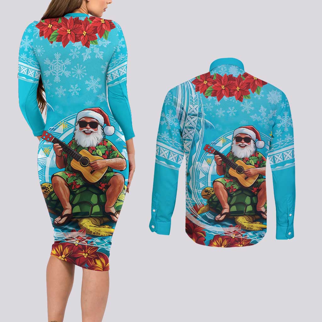 Hawaii Christmas Couples Matching Long Sleeve Bodycon Dress and Long Sleeve Button Shirt Mele Kalikimaka Poinsettia Lei Polynesian - Blue LT14 - Polynesian Pride