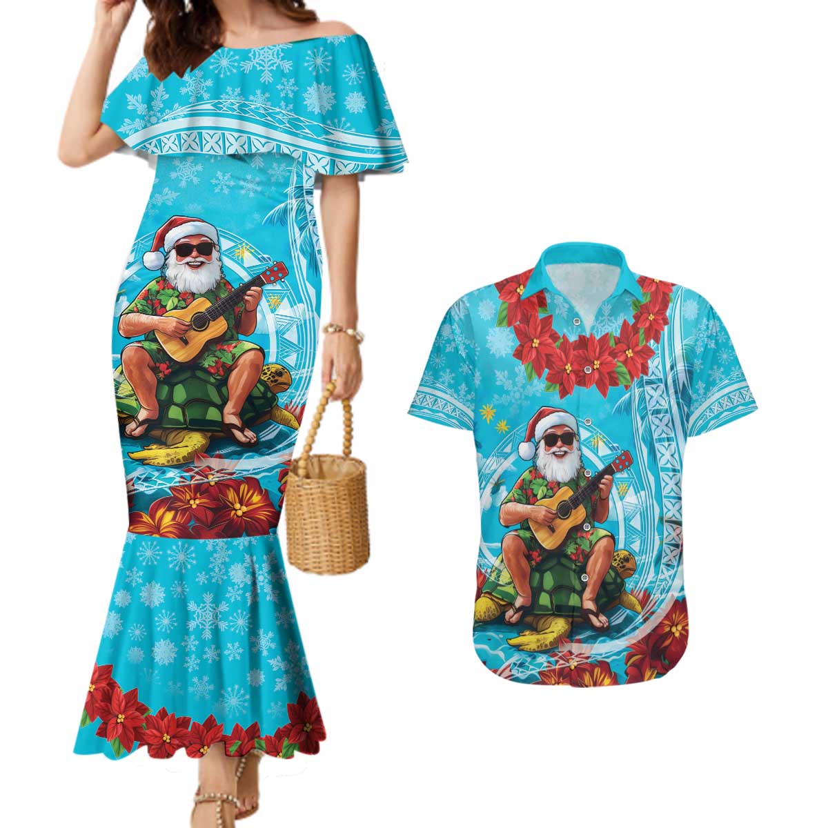 Hawaii Christmas Couples Matching Mermaid Dress and Hawaiian Shirt Mele Kalikimaka Poinsettia Lei Polynesian - Blue LT14 Blue - Polynesian Pride