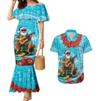 Hawaii Christmas Couples Matching Mermaid Dress and Hawaiian Shirt Mele Kalikimaka Poinsettia Lei Polynesian - Blue LT14 Blue - Polynesian Pride