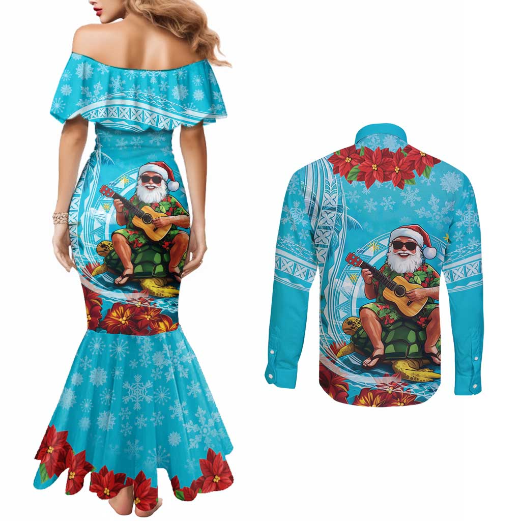 Hawaii Christmas Couples Matching Mermaid Dress and Long Sleeve Button Shirt Mele Kalikimaka Poinsettia Lei Polynesian - Blue LT14 - Polynesian Pride