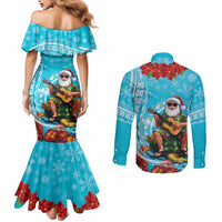 Hawaii Christmas Couples Matching Mermaid Dress and Long Sleeve Button Shirt Mele Kalikimaka Poinsettia Lei Polynesian - Blue LT14 - Polynesian Pride