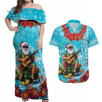 Hawaii Christmas Couples Matching Off Shoulder Maxi Dress and Hawaiian Shirt Mele Kalikimaka Poinsettia Lei Polynesian - Blue LT14 Blue - Polynesian Pride
