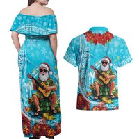 Hawaii Christmas Couples Matching Off Shoulder Maxi Dress and Hawaiian Shirt Mele Kalikimaka Poinsettia Lei Polynesian - Blue LT14 - Polynesian Pride