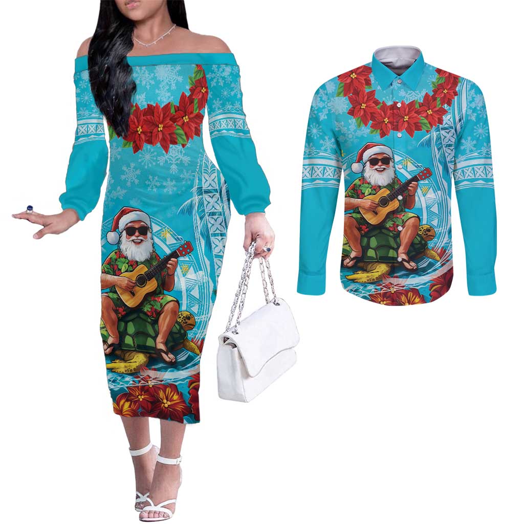 Hawaii Christmas Couples Matching Off The Shoulder Long Sleeve Dress and Long Sleeve Button Shirt Mele Kalikimaka Poinsettia Lei Polynesian - Blue LT14 Blue - Polynesian Pride