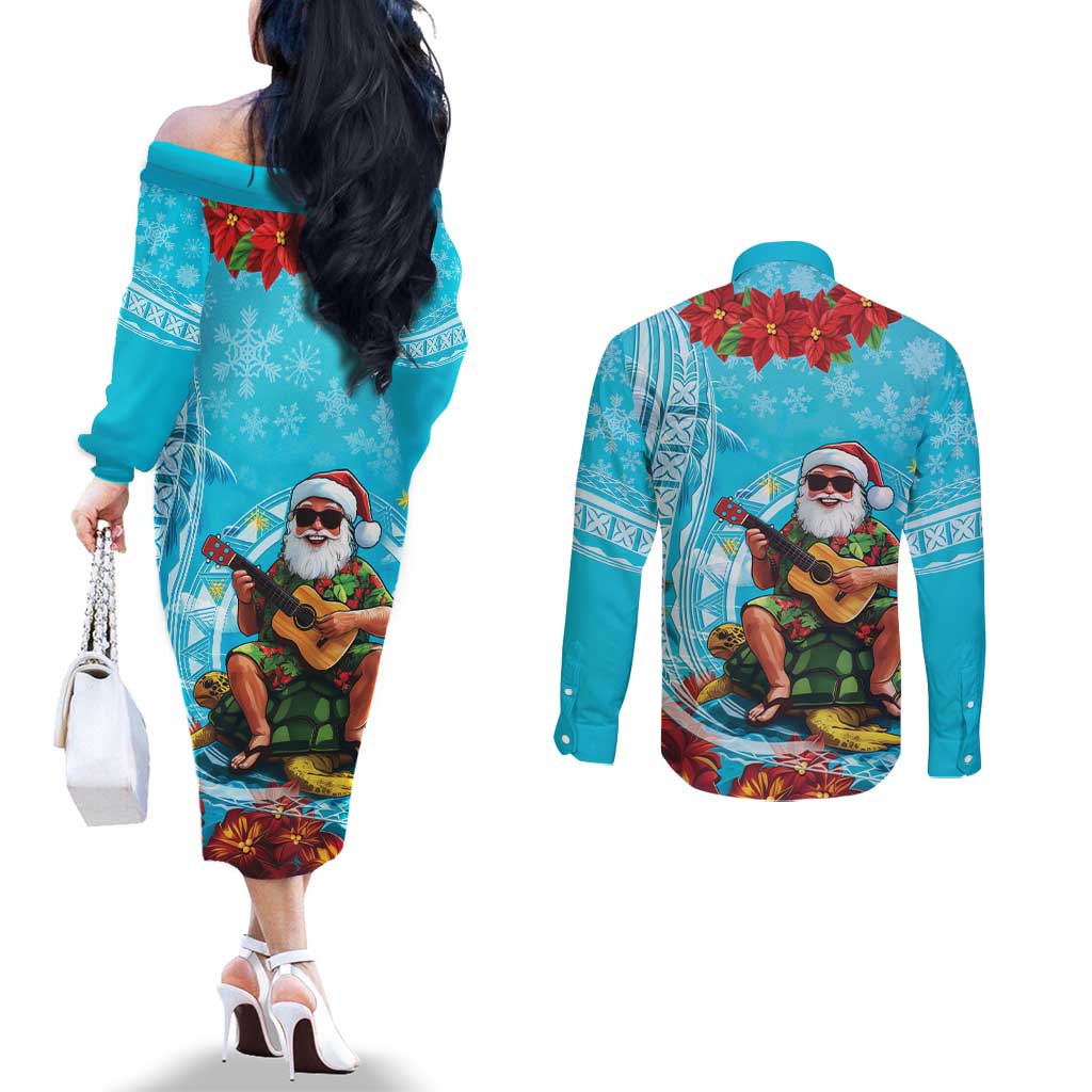 Hawaii Christmas Couples Matching Off The Shoulder Long Sleeve Dress and Long Sleeve Button Shirt Mele Kalikimaka Poinsettia Lei Polynesian - Blue LT14 - Polynesian Pride