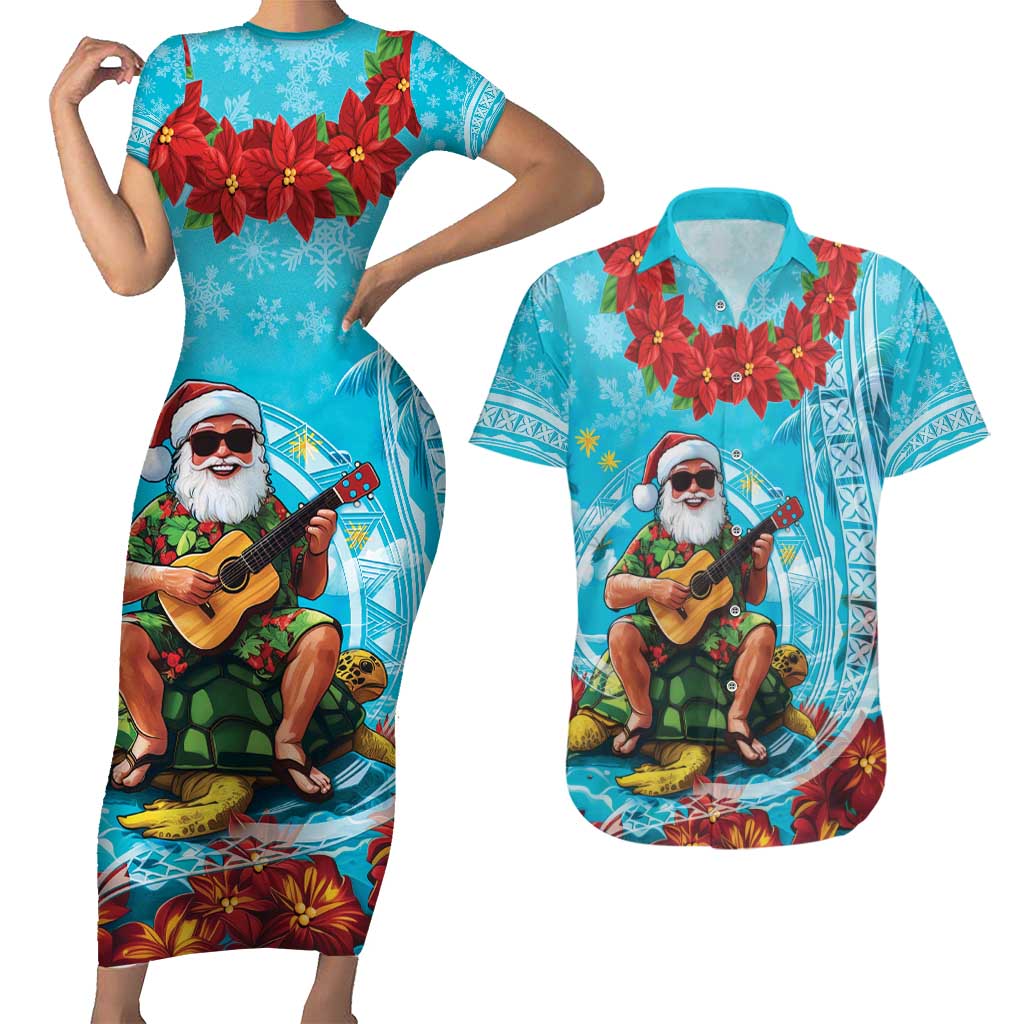 Hawaii Christmas Couples Matching Short Sleeve Bodycon Dress and Hawaiian Shirt Mele Kalikimaka Poinsettia Lei Polynesian - Blue LT14 Blue - Polynesian Pride