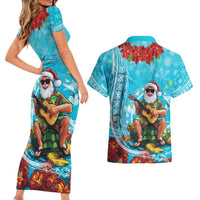 Hawaii Christmas Couples Matching Short Sleeve Bodycon Dress and Hawaiian Shirt Mele Kalikimaka Poinsettia Lei Polynesian - Blue LT14 - Polynesian Pride
