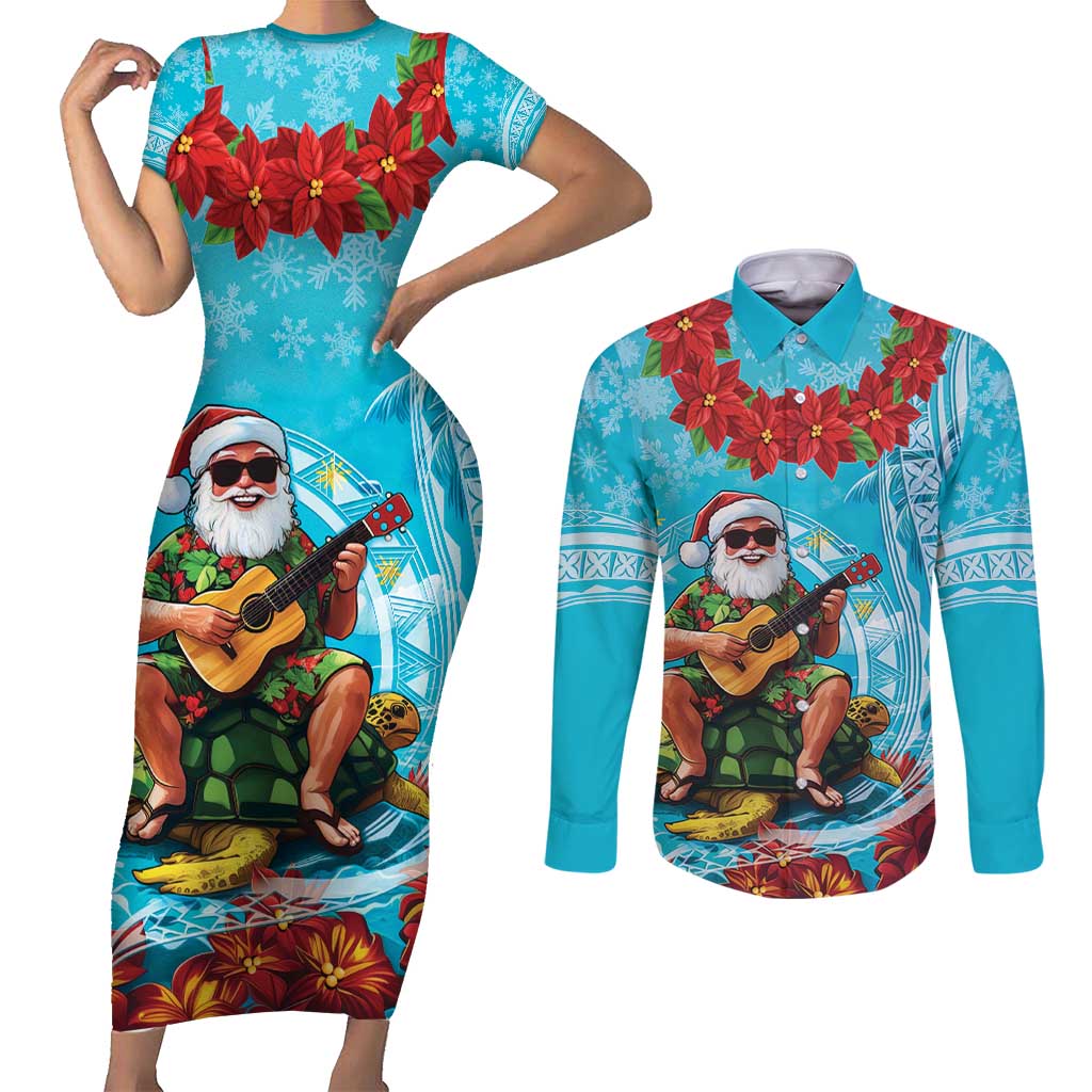 Hawaii Christmas Couples Matching Short Sleeve Bodycon Dress and Long Sleeve Button Shirt Mele Kalikimaka Poinsettia Lei Polynesian - Blue LT14 Blue - Polynesian Pride