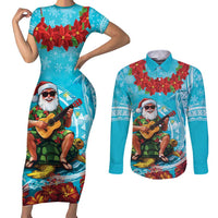 Hawaii Christmas Couples Matching Short Sleeve Bodycon Dress and Long Sleeve Button Shirt Mele Kalikimaka Poinsettia Lei Polynesian - Blue LT14 Blue - Polynesian Pride