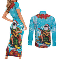 Hawaii Christmas Couples Matching Short Sleeve Bodycon Dress and Long Sleeve Button Shirt Mele Kalikimaka Poinsettia Lei Polynesian - Blue LT14 - Polynesian Pride