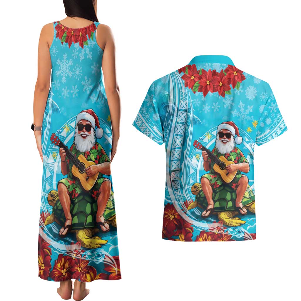 Hawaii Christmas Couples Matching Tank Maxi Dress and Hawaiian Shirt Mele Kalikimaka Poinsettia Lei Polynesian - Blue LT14 - Polynesian Pride