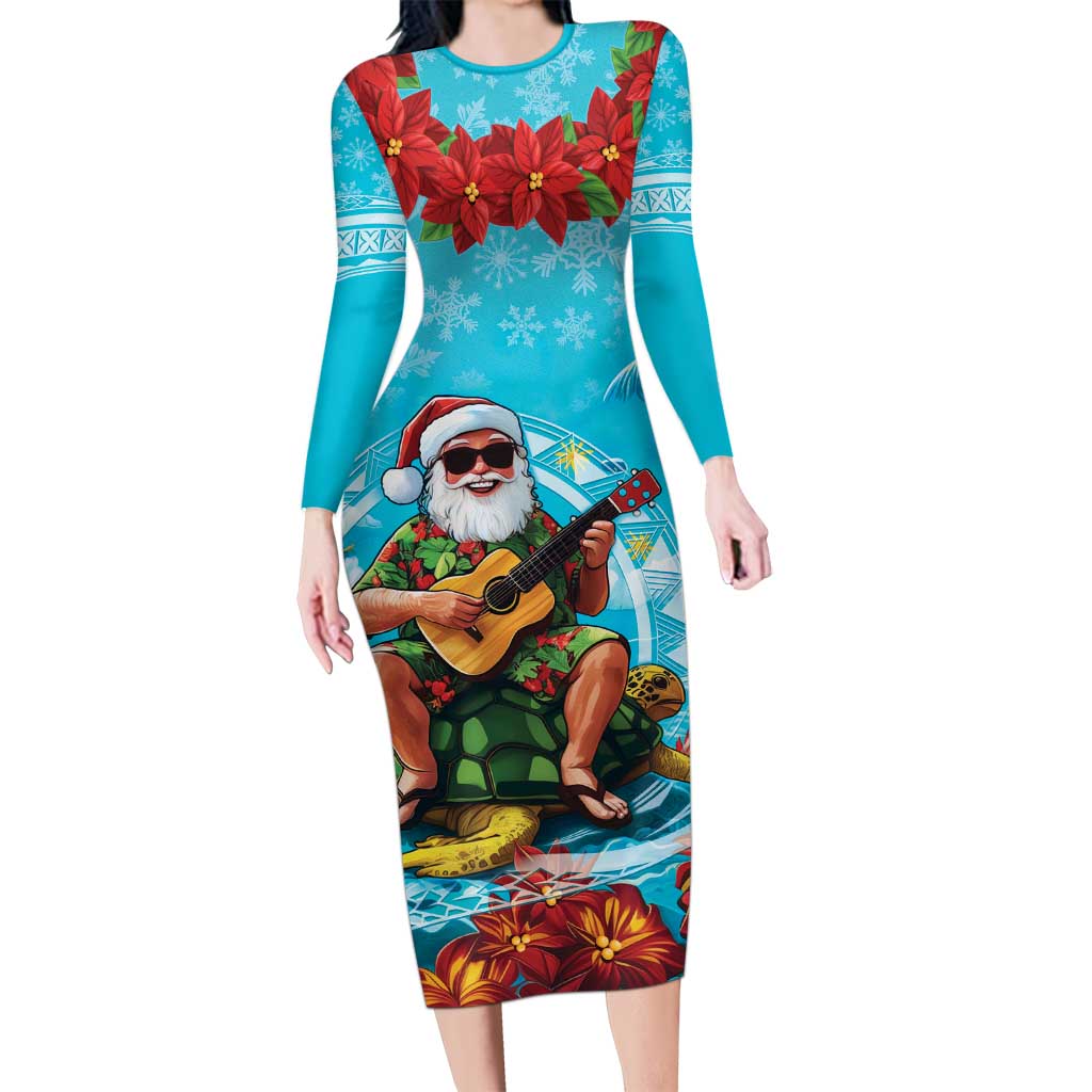 Hawaii Christmas Family Matching Long Sleeve Bodycon Dress and Hawaiian Shirt Mele Kalikimaka Poinsettia Lei Polynesian - Blue LT14 Mom's Dress Blue - Polynesian Pride