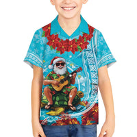 Hawaii Christmas Family Matching Long Sleeve Bodycon Dress and Hawaiian Shirt Mele Kalikimaka Poinsettia Lei Polynesian - Blue LT14 Son's Shirt Blue - Polynesian Pride