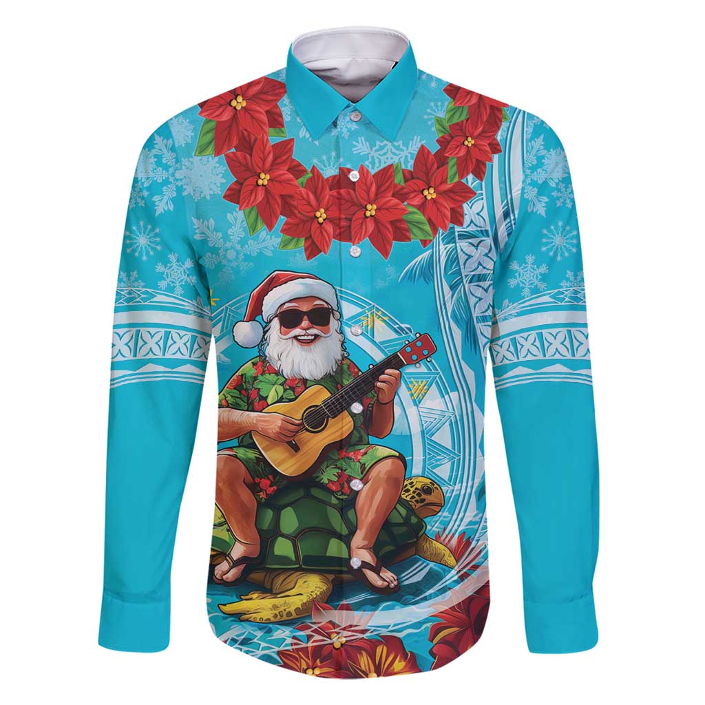 Hawaii Christmas Family Matching Mermaid Dress and Hawaiian Shirt Mele Kalikimaka Poinsettia Lei Polynesian - Blue LT14 Dad's Shirt - Long Sleeve Blue - Polynesian Pride
