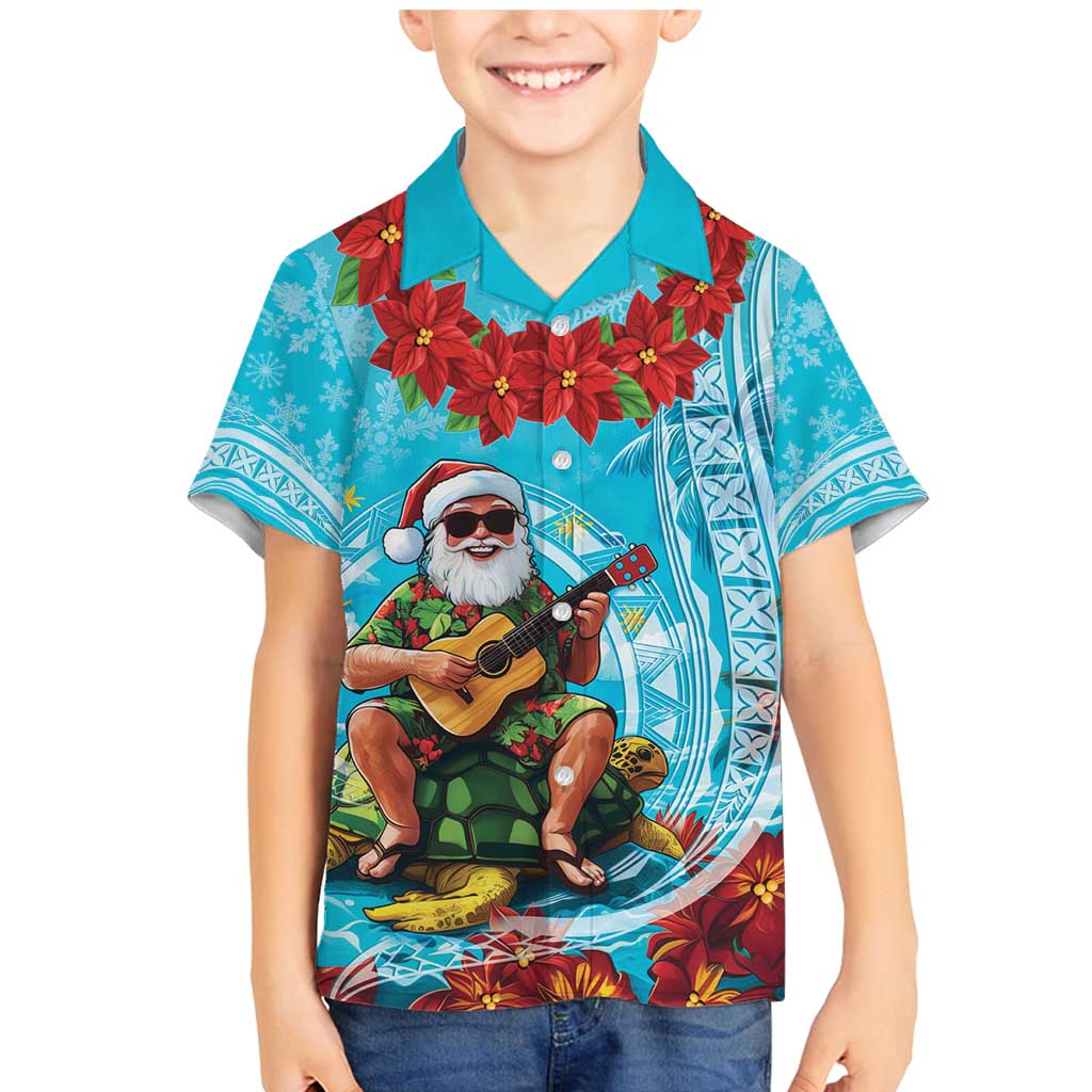 Hawaii Christmas Family Matching Mermaid Dress and Hawaiian Shirt Mele Kalikimaka Poinsettia Lei Polynesian - Blue LT14 Son's Shirt Blue - Polynesian Pride