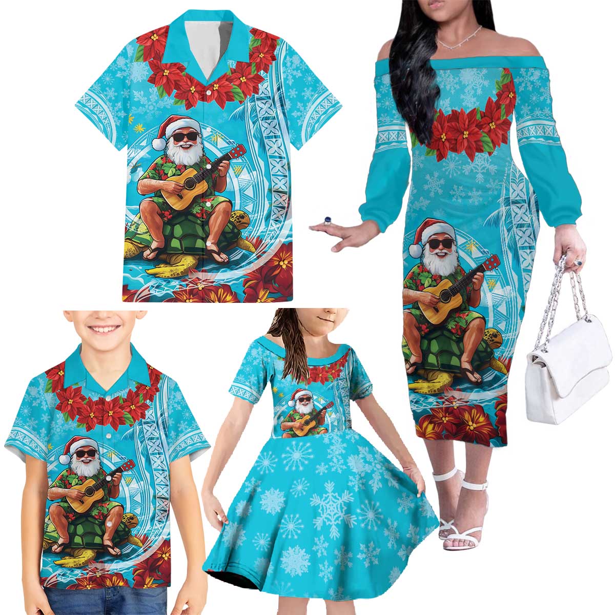 Hawaii Christmas Family Matching Off The Shoulder Long Sleeve Dress and Hawaiian Shirt Mele Kalikimaka Poinsettia Lei Polynesian - Blue LT14 - Polynesian Pride