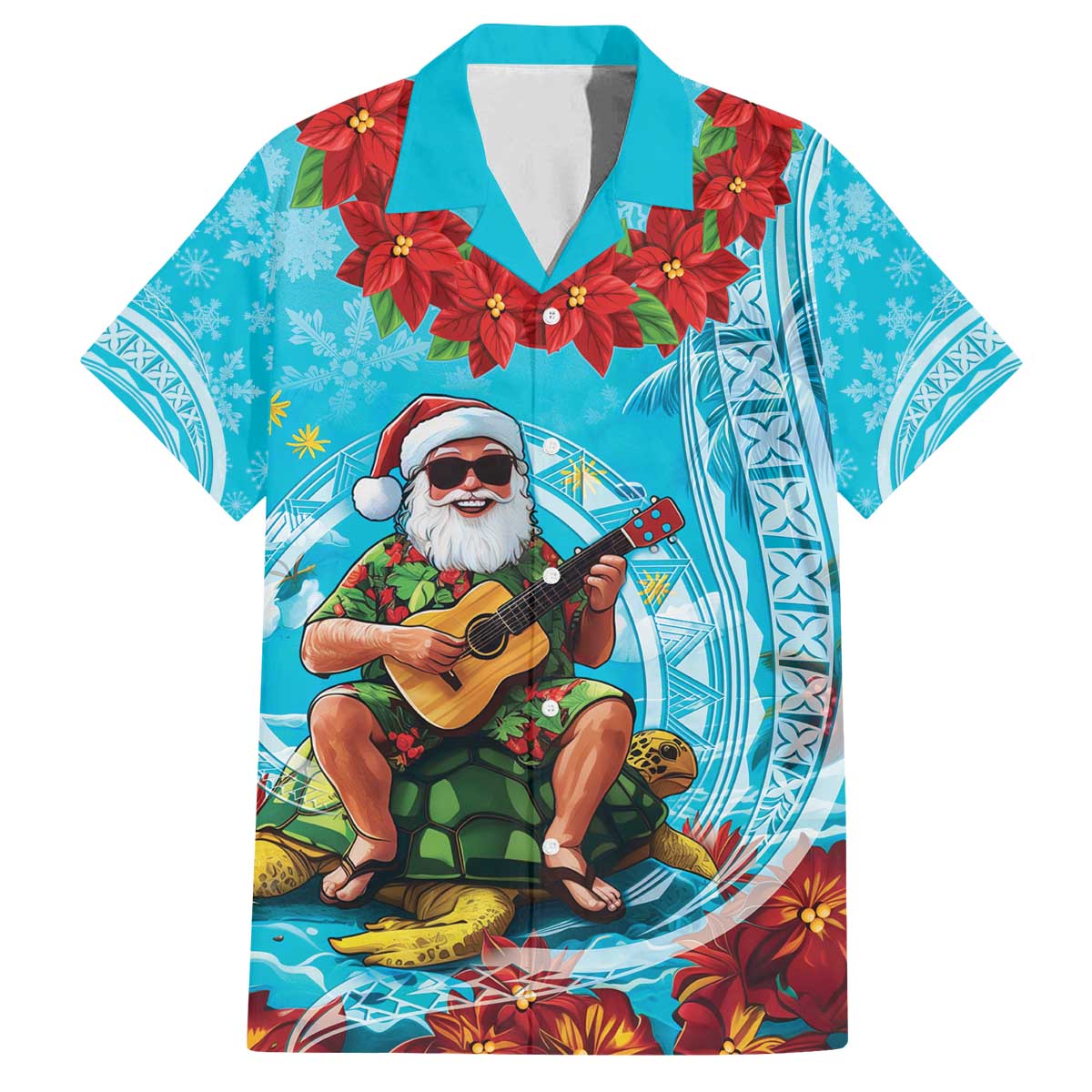 Hawaii Christmas Family Matching Off The Shoulder Long Sleeve Dress and Hawaiian Shirt Mele Kalikimaka Poinsettia Lei Polynesian - Blue LT14 Dad's Shirt - Short Sleeve Blue - Polynesian Pride