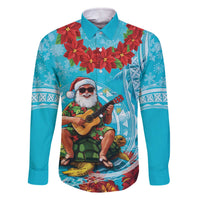 Hawaii Christmas Family Matching Off The Shoulder Long Sleeve Dress and Hawaiian Shirt Mele Kalikimaka Poinsettia Lei Polynesian - Blue LT14 Dad's Shirt - Long Sleeve Blue - Polynesian Pride