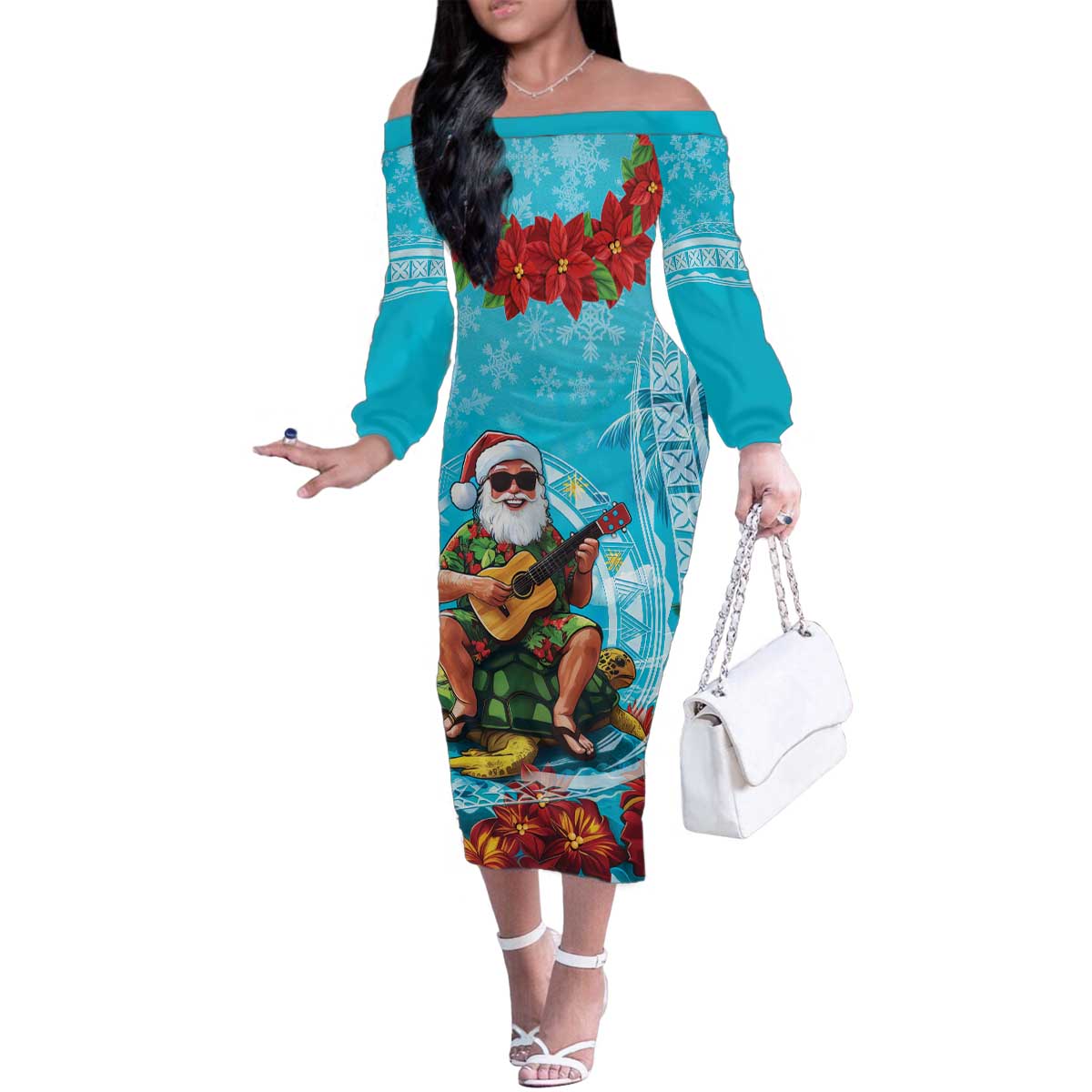 Hawaii Christmas Family Matching Off The Shoulder Long Sleeve Dress and Hawaiian Shirt Mele Kalikimaka Poinsettia Lei Polynesian - Blue LT14 Mom's Dress Blue - Polynesian Pride