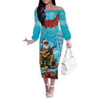 Hawaii Christmas Family Matching Off The Shoulder Long Sleeve Dress and Hawaiian Shirt Mele Kalikimaka Poinsettia Lei Polynesian - Blue LT14 Mom's Dress Blue - Polynesian Pride