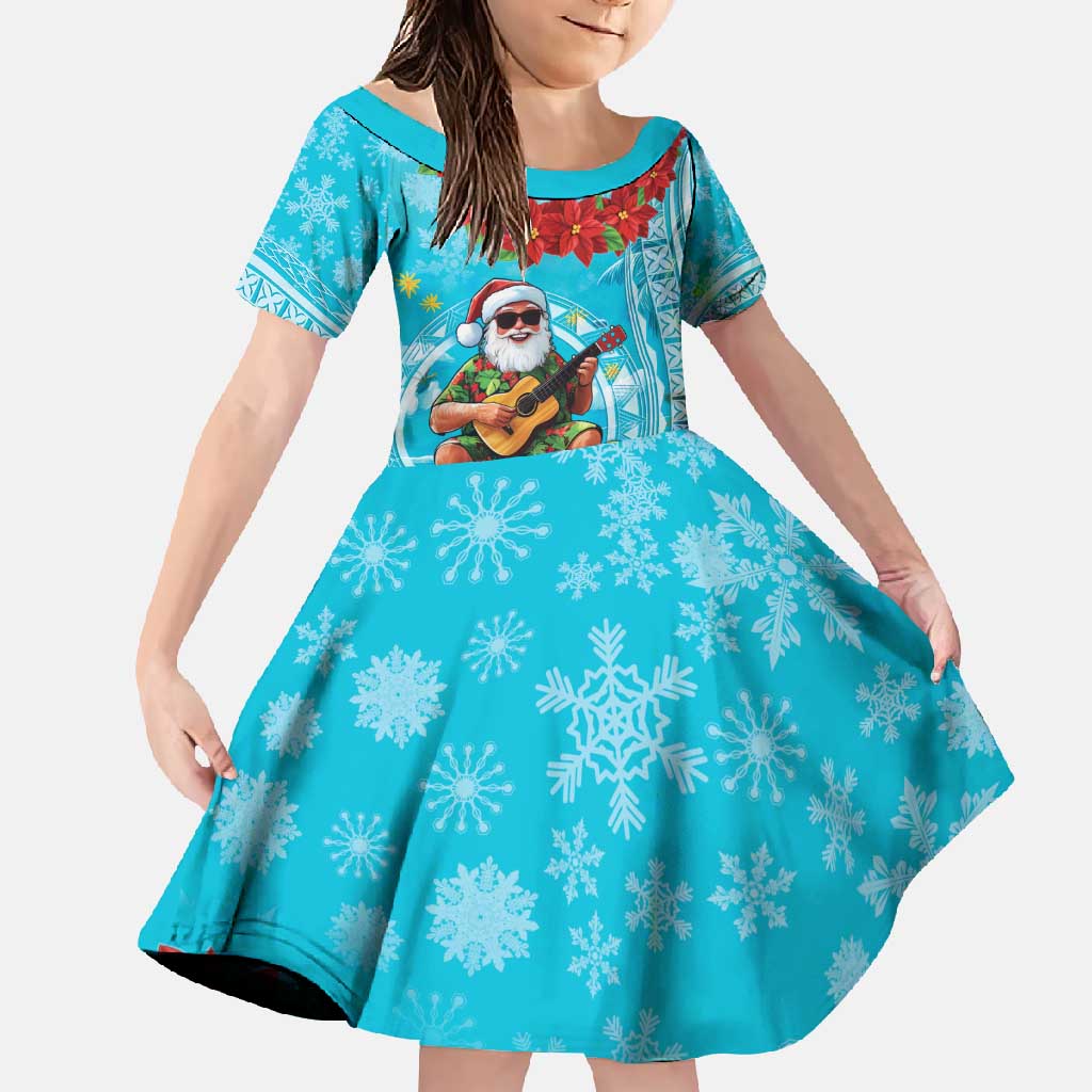 Hawaii Christmas Family Matching Off Shoulder Maxi Dress and Hawaiian Shirt Mele Kalikimaka Poinsettia Lei Polynesian - Blue LT14 Daughter's Dress Blue - Polynesian Pride