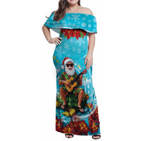 Hawaii Christmas Family Matching Off Shoulder Maxi Dress and Hawaiian Shirt Mele Kalikimaka Poinsettia Lei Polynesian - Blue LT14 Mom's Dress Blue - Polynesian Pride