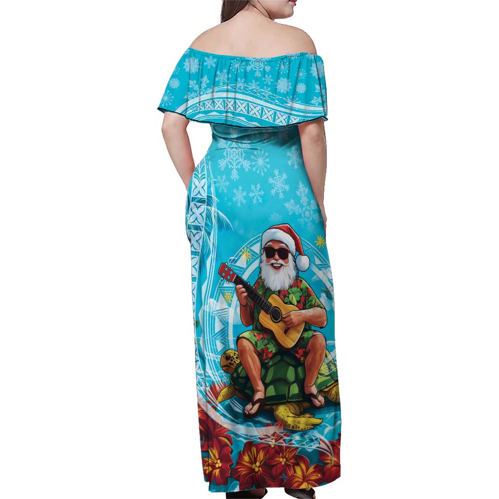 Hawaii Christmas Family Matching Off Shoulder Maxi Dress and Hawaiian Shirt Mele Kalikimaka Poinsettia Lei Polynesian - Blue LT14 - Polynesian Pride