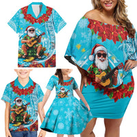 Hawaii Christmas Family Matching Off Shoulder Short Dress and Hawaiian Shirt Mele Kalikimaka Poinsettia Lei Polynesian - Blue LT14 - Polynesian Pride
