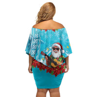 Hawaii Christmas Family Matching Off Shoulder Short Dress and Hawaiian Shirt Mele Kalikimaka Poinsettia Lei Polynesian - Blue LT14 - Polynesian Pride