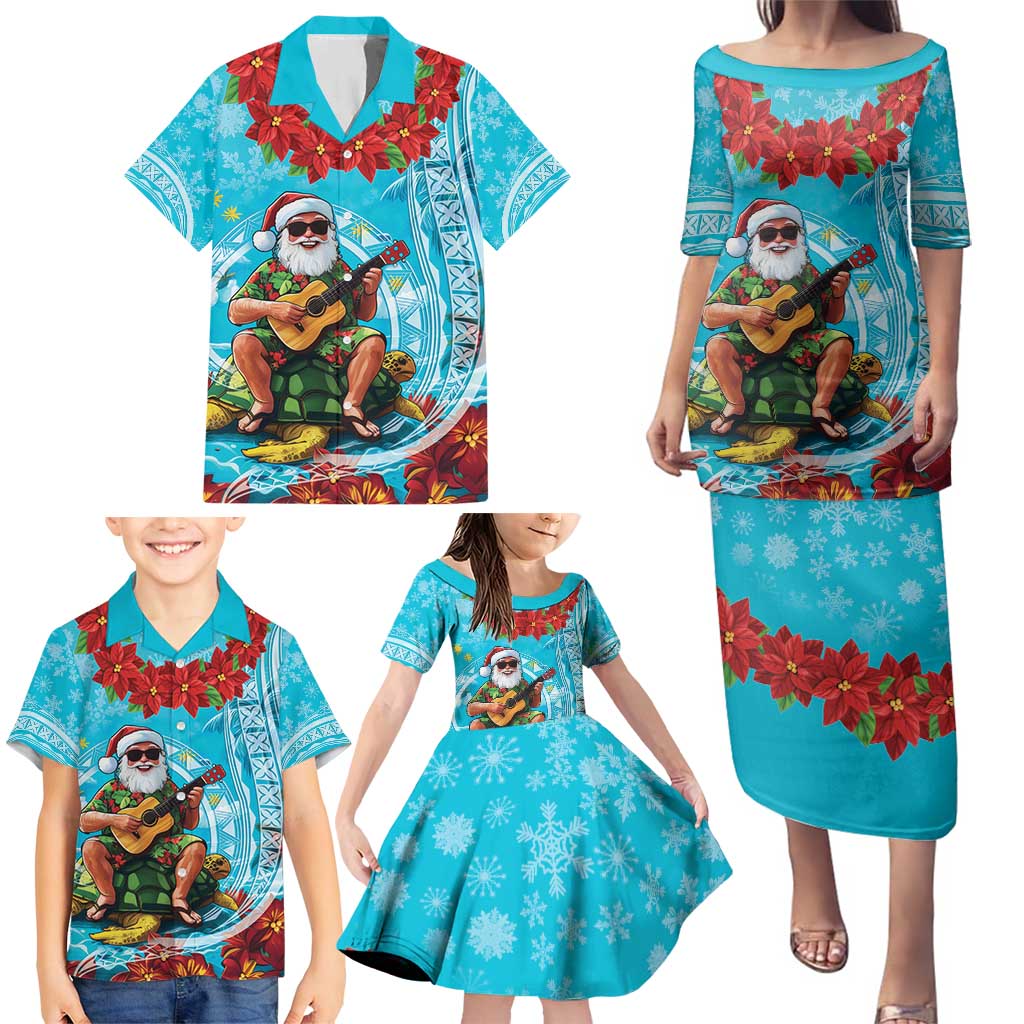 Hawaii Christmas Family Matching Puletasi and Hawaiian Shirt Mele Kalikimaka Poinsettia Lei Polynesian - Blue LT14 - Polynesian Pride