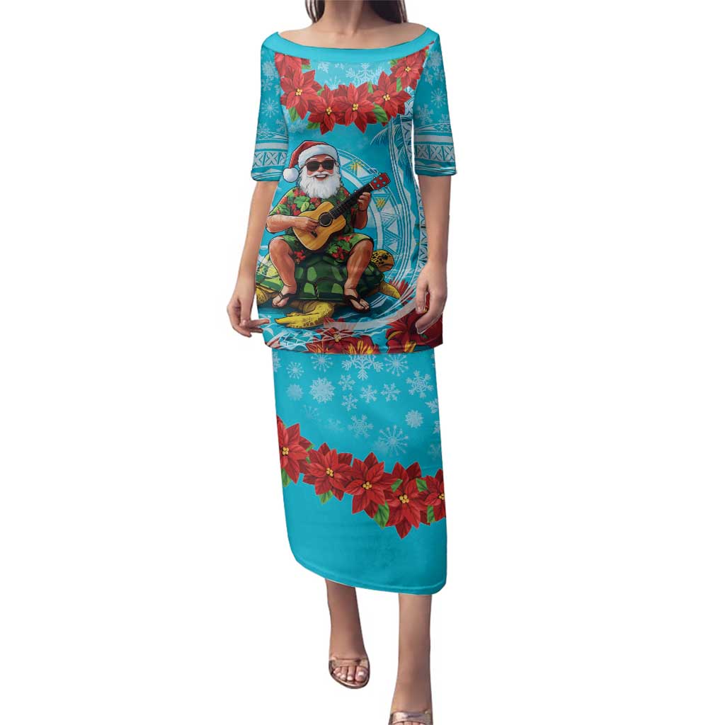 Hawaii Christmas Family Matching Puletasi and Hawaiian Shirt Mele Kalikimaka Poinsettia Lei Polynesian - Blue LT14 Mom's Dress Blue - Polynesian Pride