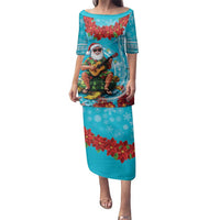 Hawaii Christmas Family Matching Puletasi and Hawaiian Shirt Mele Kalikimaka Poinsettia Lei Polynesian - Blue LT14 Mom's Dress Blue - Polynesian Pride