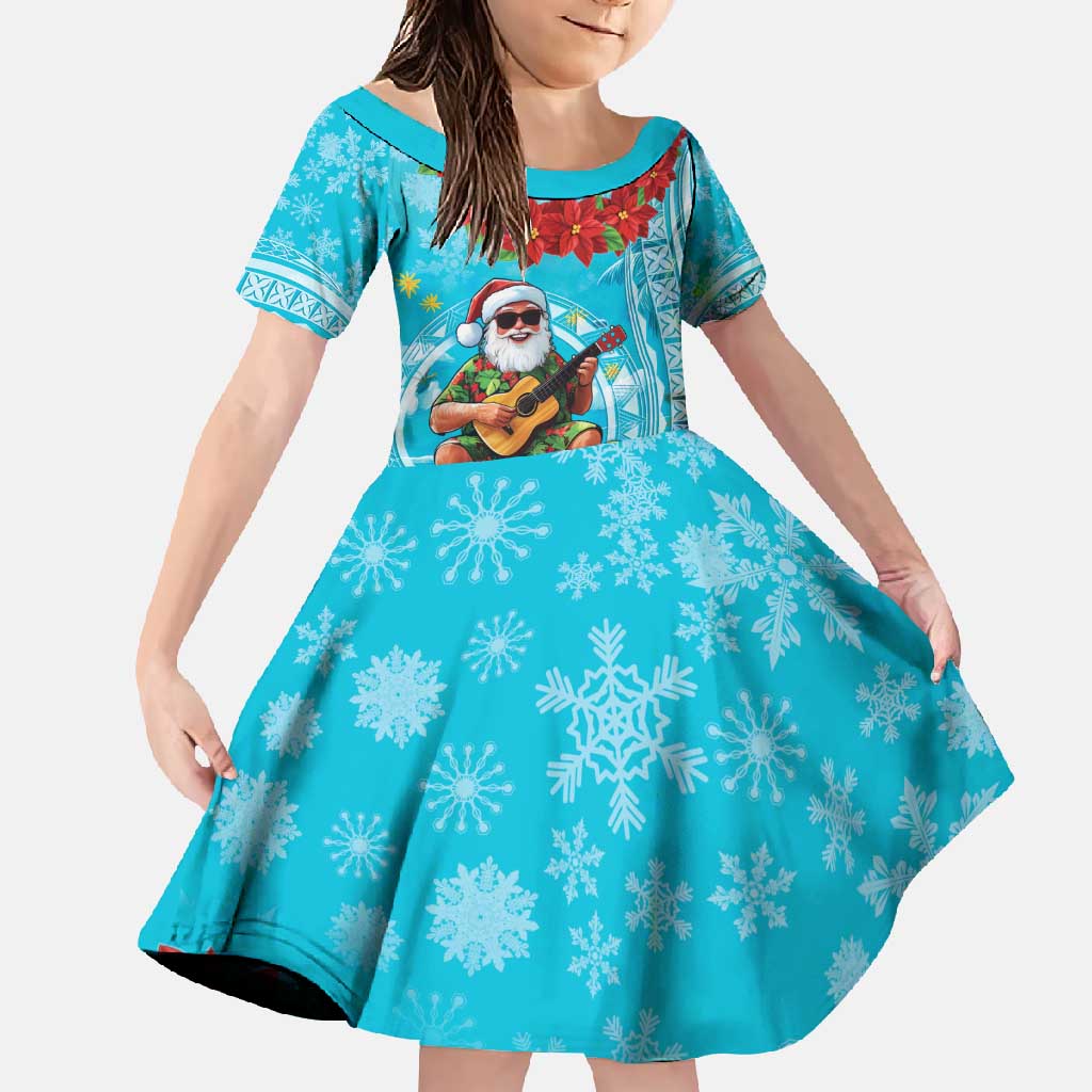 Hawaii Christmas Family Matching Short Sleeve Bodycon Dress and Hawaiian Shirt Mele Kalikimaka Poinsettia Lei Polynesian - Blue LT14 Daughter's Dress Blue - Polynesian Pride