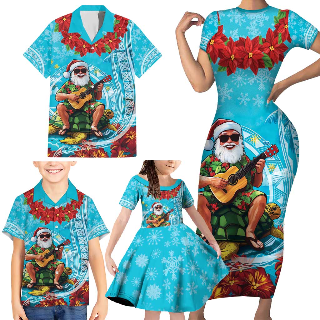 Hawaii Christmas Family Matching Short Sleeve Bodycon Dress and Hawaiian Shirt Mele Kalikimaka Poinsettia Lei Polynesian - Blue LT14 - Polynesian Pride