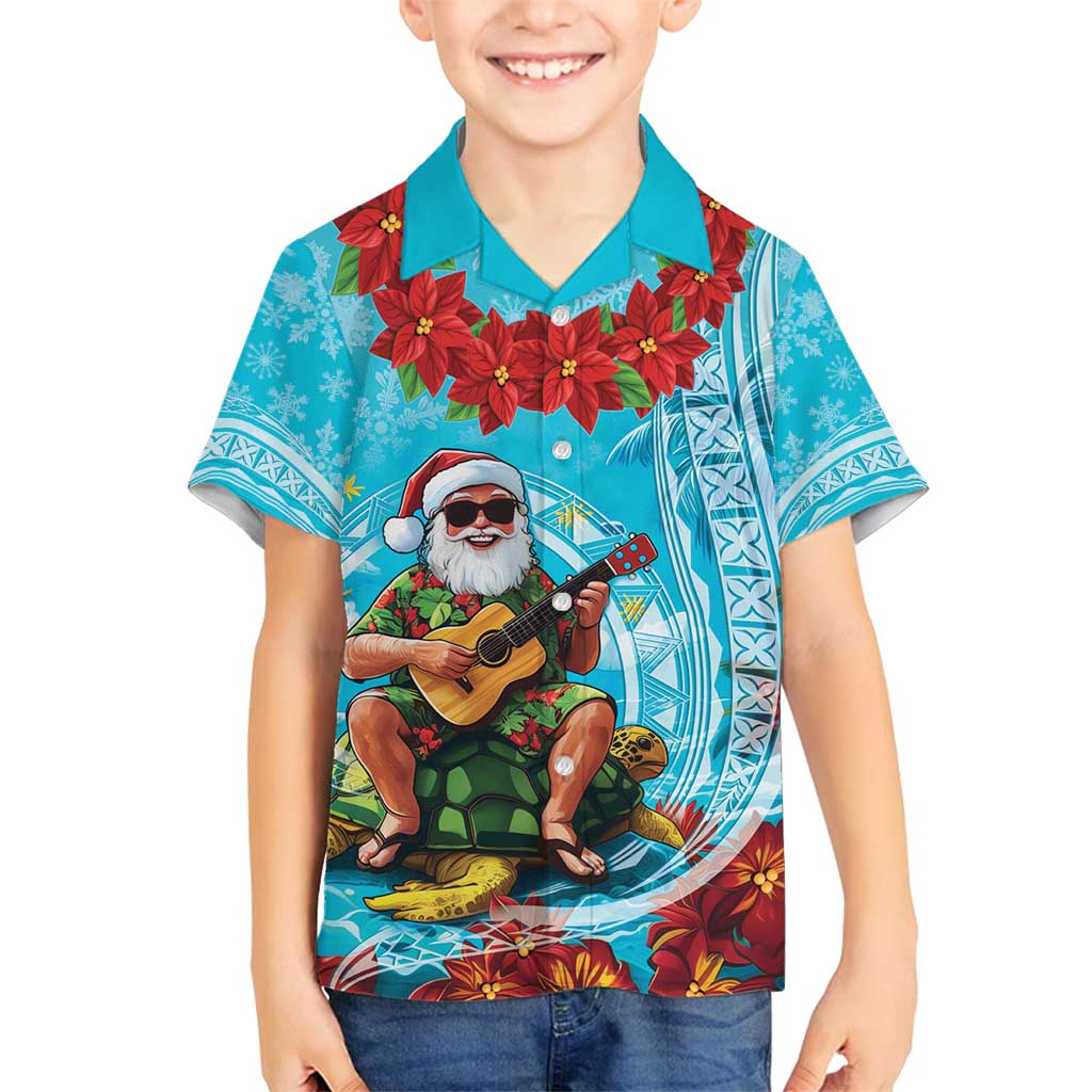 Hawaii Christmas Family Matching Summer Maxi Dress and Hawaiian Shirt Mele Kalikimaka Poinsettia Lei Polynesian - Blue LT14 Son's Shirt Blue - Polynesian Pride