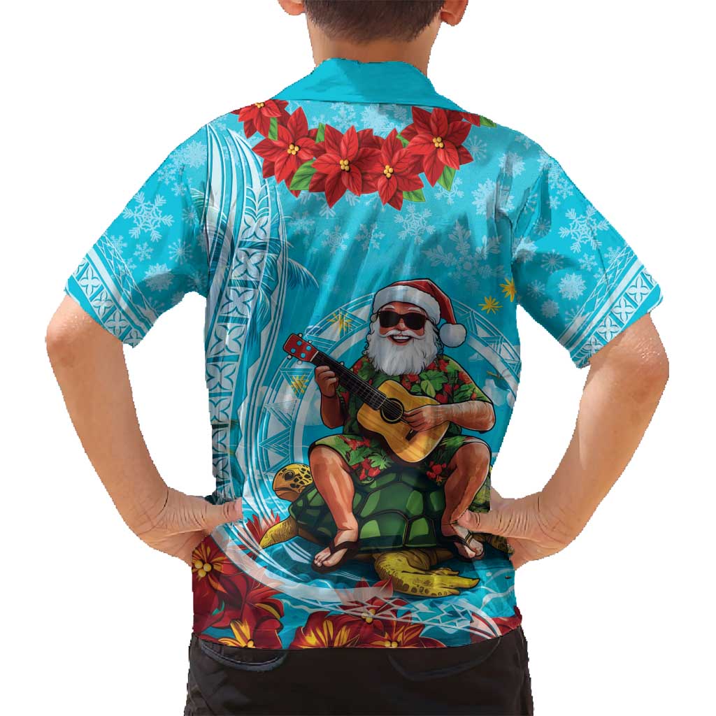 Hawaii Christmas Family Matching Tank Maxi Dress and Hawaiian Shirt Mele Kalikimaka Poinsettia Lei Polynesian - Blue LT14 - Polynesian Pride