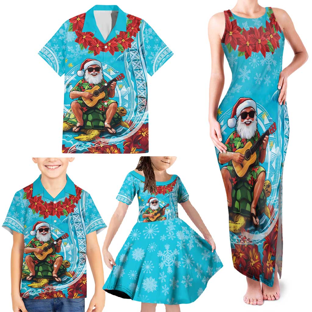 Hawaii Christmas Family Matching Tank Maxi Dress and Hawaiian Shirt Mele Kalikimaka Poinsettia Lei Polynesian - Blue LT14 - Polynesian Pride