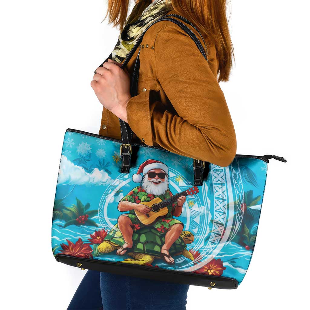 Hawaii Christmas Leather Tote Bag Mele Kalikimaka Poinsettia Lei Polynesian - Blue LT14 Blue - Polynesian Pride