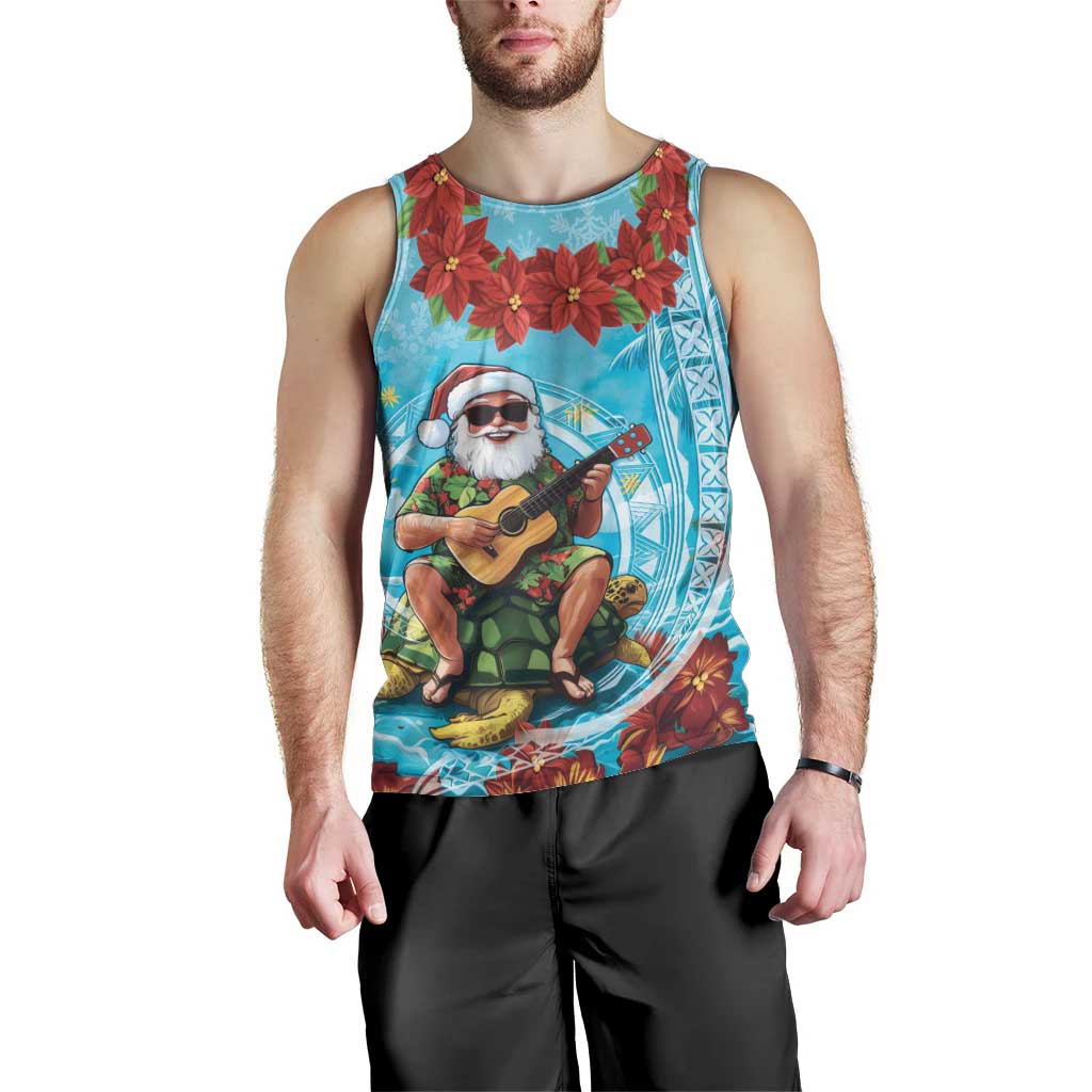 Hawaii Christmas Men Tank Top Mele Kalikimaka Poinsettia Lei Polynesian - Blue