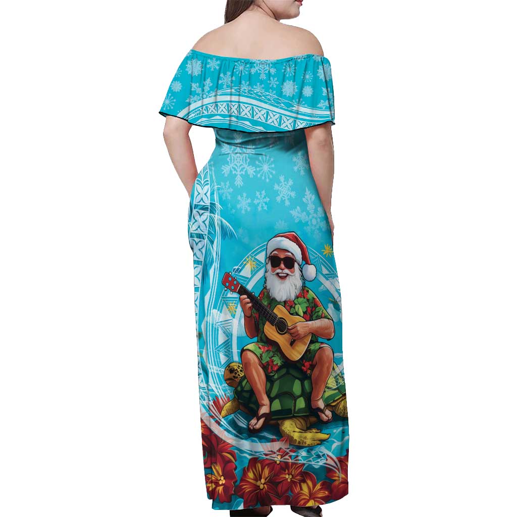 Hawaii Christmas Off Shoulder Maxi Dress Mele Kalikimaka Poinsettia Lei Polynesian - Blue