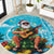 Hawaii Christmas Round Carpet Mele Kalikimaka Poinsettia Lei Polynesian - Blue