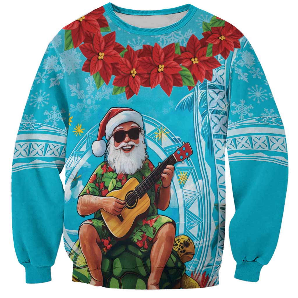 Hawaii Christmas Sweatshirt Mele Kalikimaka Poinsettia Lei Polynesian - Blue