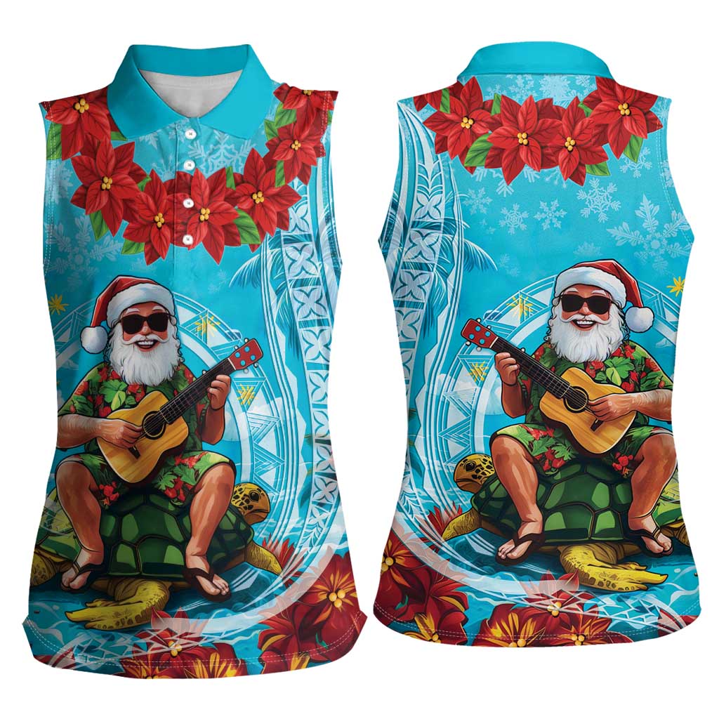 Hawaii Christmas Women Sleeveless Polo Shirt Mele Kalikimaka Poinsettia Lei Polynesian - Blue LT14 - Polynesian Pride