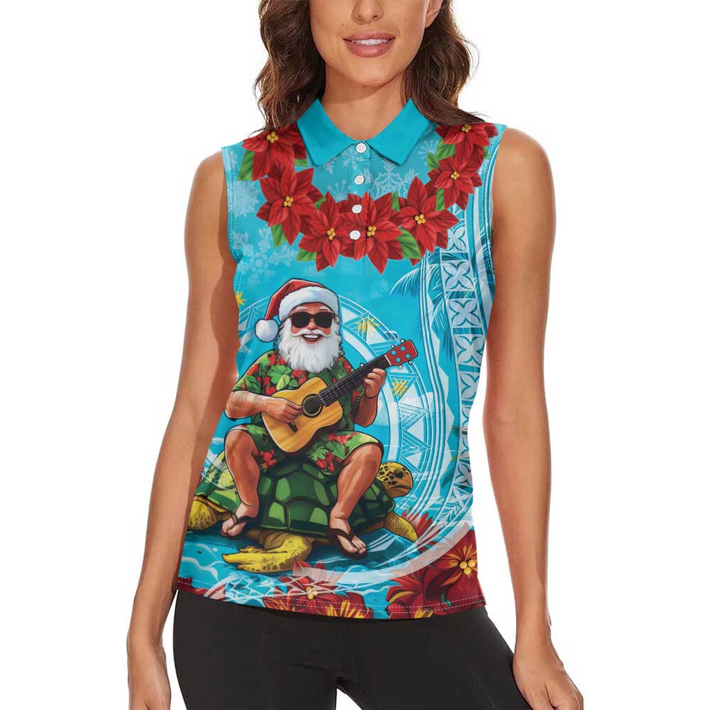 Hawaii Christmas Women Sleeveless Polo Shirt Mele Kalikimaka Poinsettia Lei Polynesian - Blue LT14 - Polynesian Pride