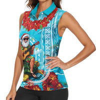 Hawaii Christmas Women Sleeveless Polo Shirt Mele Kalikimaka Poinsettia Lei Polynesian - Blue LT14 - Polynesian Pride