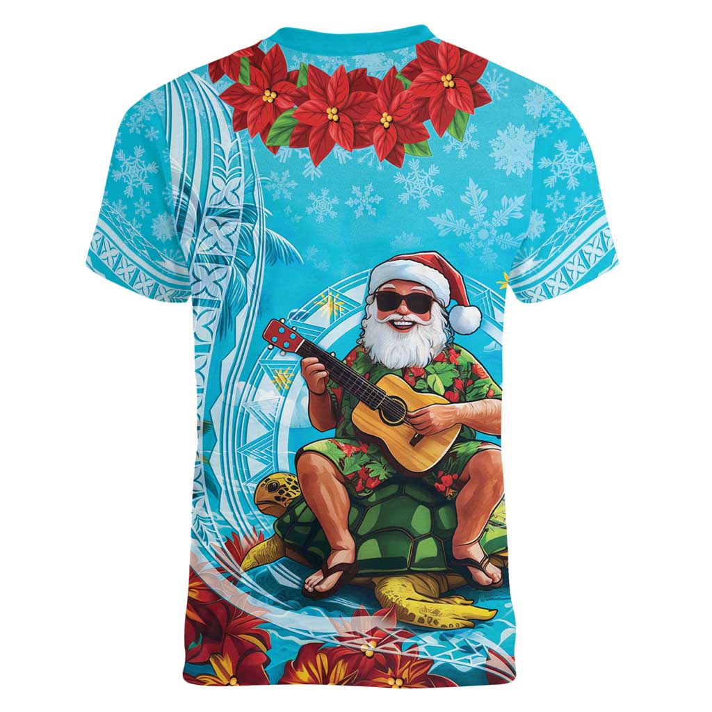 Hawaii Christmas Women V-Neck T-Shirt Mele Kalikimaka Poinsettia Lei Polynesian - Blue