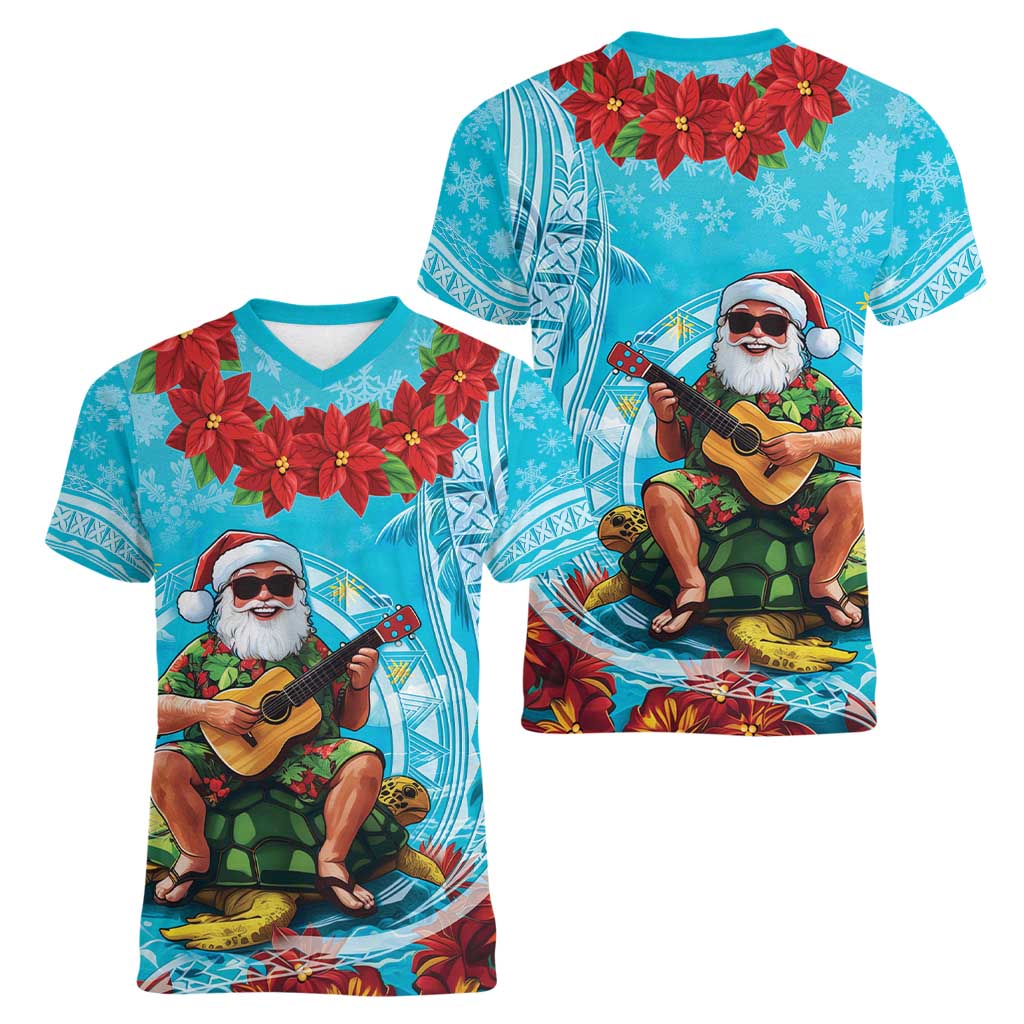 Hawaii Christmas Women V-Neck T-Shirt Mele Kalikimaka Poinsettia Lei Polynesian - Blue