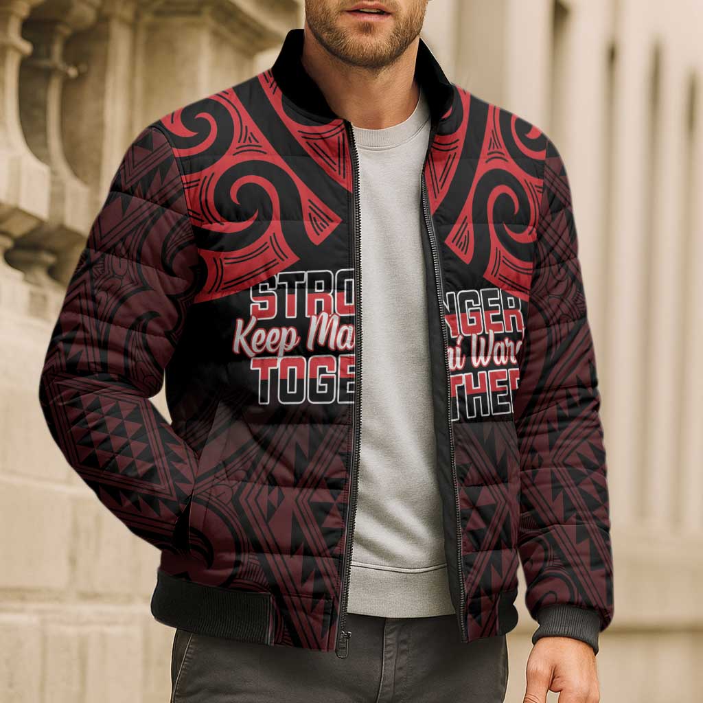 Personalised Keep Maori Wards New Zealand Bomber Puffer Jacket Stronger Together Aotearoa Taniko - Polynesian Pride